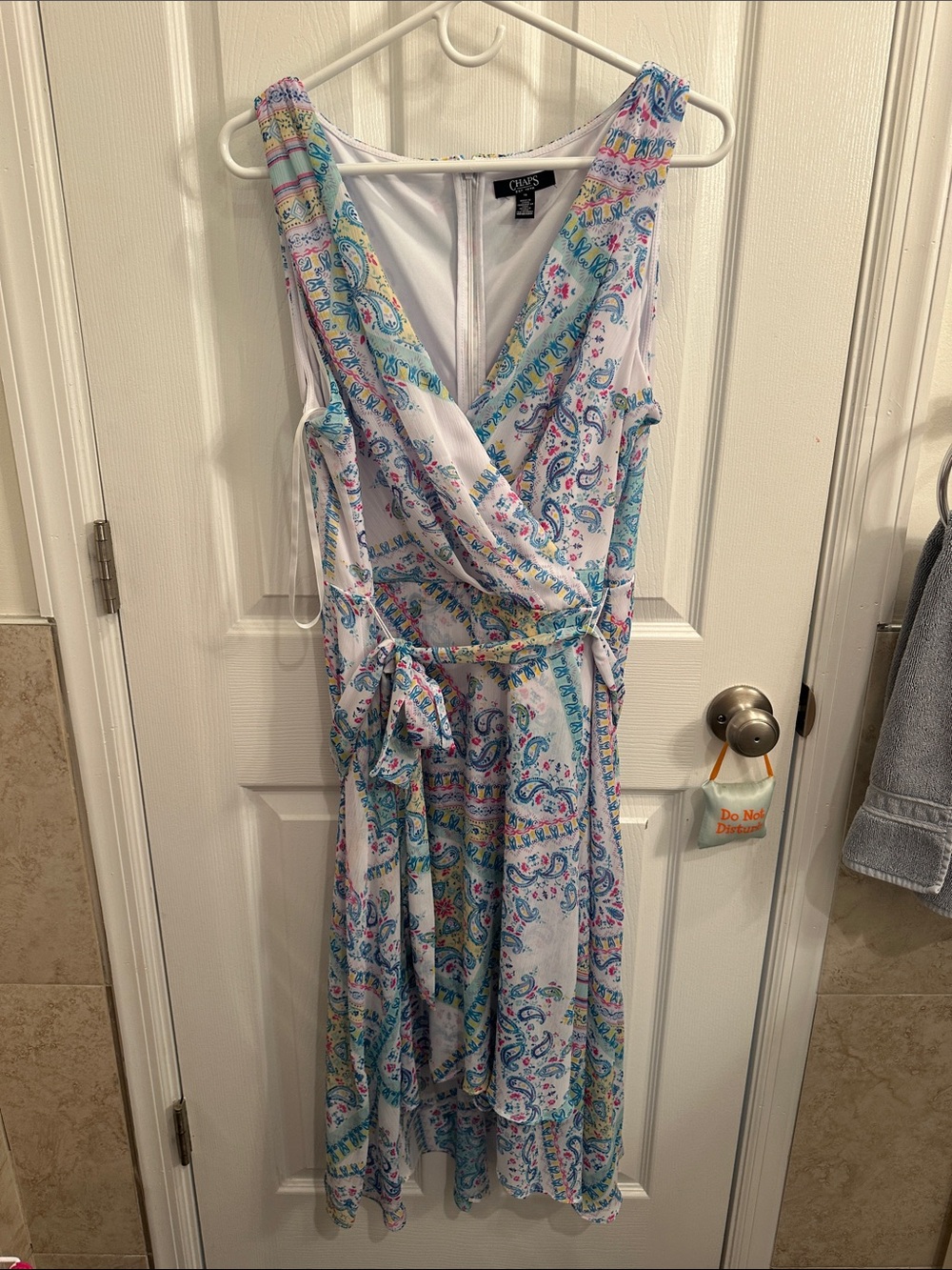 Chaps White Paisley Midi Wrap Dress with Blue & Pink Accents